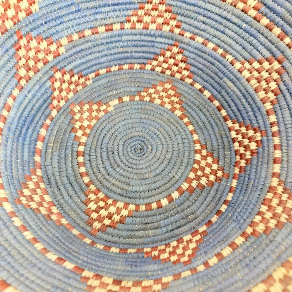 Large Handwoven Coil Basket Bowl Blue Geometric Boho African Decor 15 in Vintae